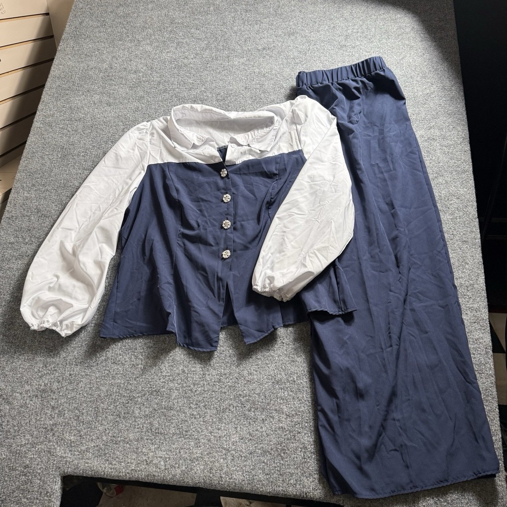 Womens Colorblock 2 Piece Outfit Set Puff Sleeve Blouse Wide Leg Pants Navy 4X